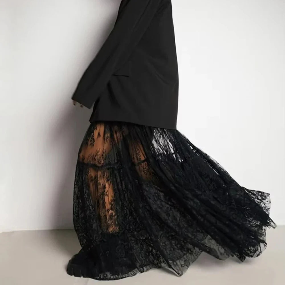 Loose Black Sexy Black Lace Skirt Women Fashion Thin Transparent Casual Hollow Out High Waist Loose A-line Long Skirt Party