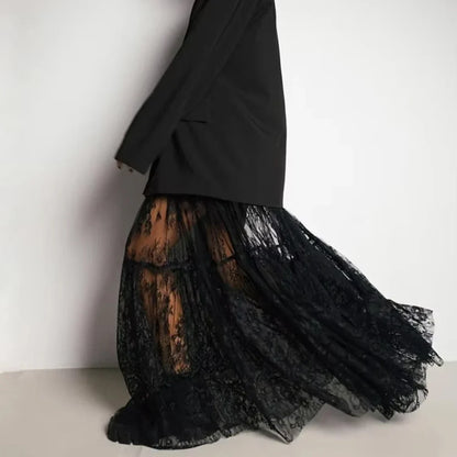 Loose Black Sexy Black Lace Skirt Women Fashion Thin Transparent Casual Hollow Out High Waist Loose A-line Long Skirt Party