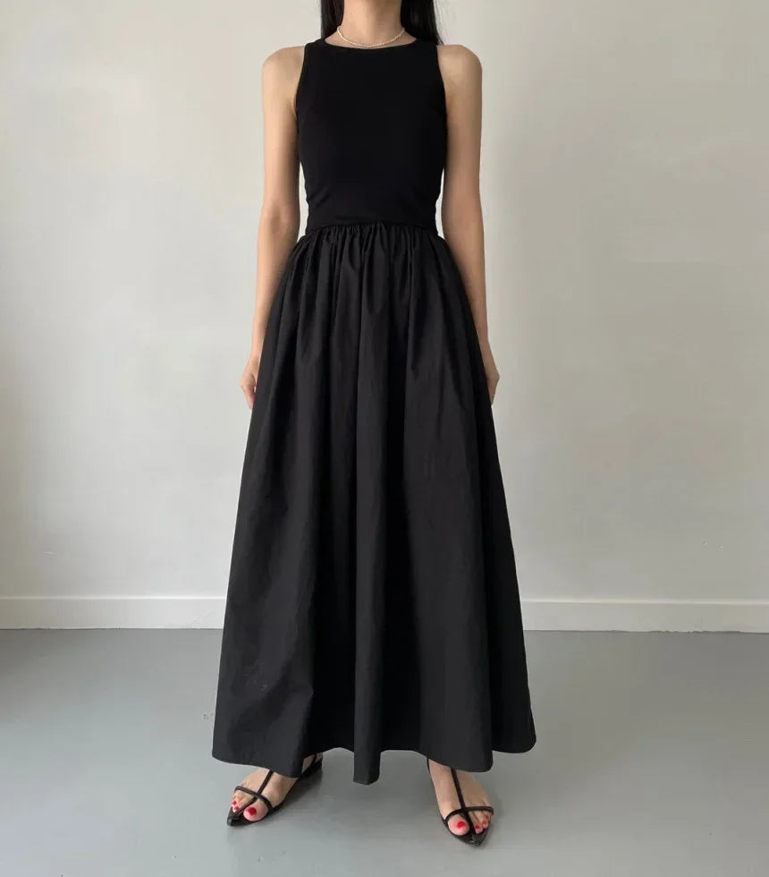 Simple Elegant Black Long Dresses For Women Round Neck Sleeveless High Waist Temperament Female Fashion Style Dress