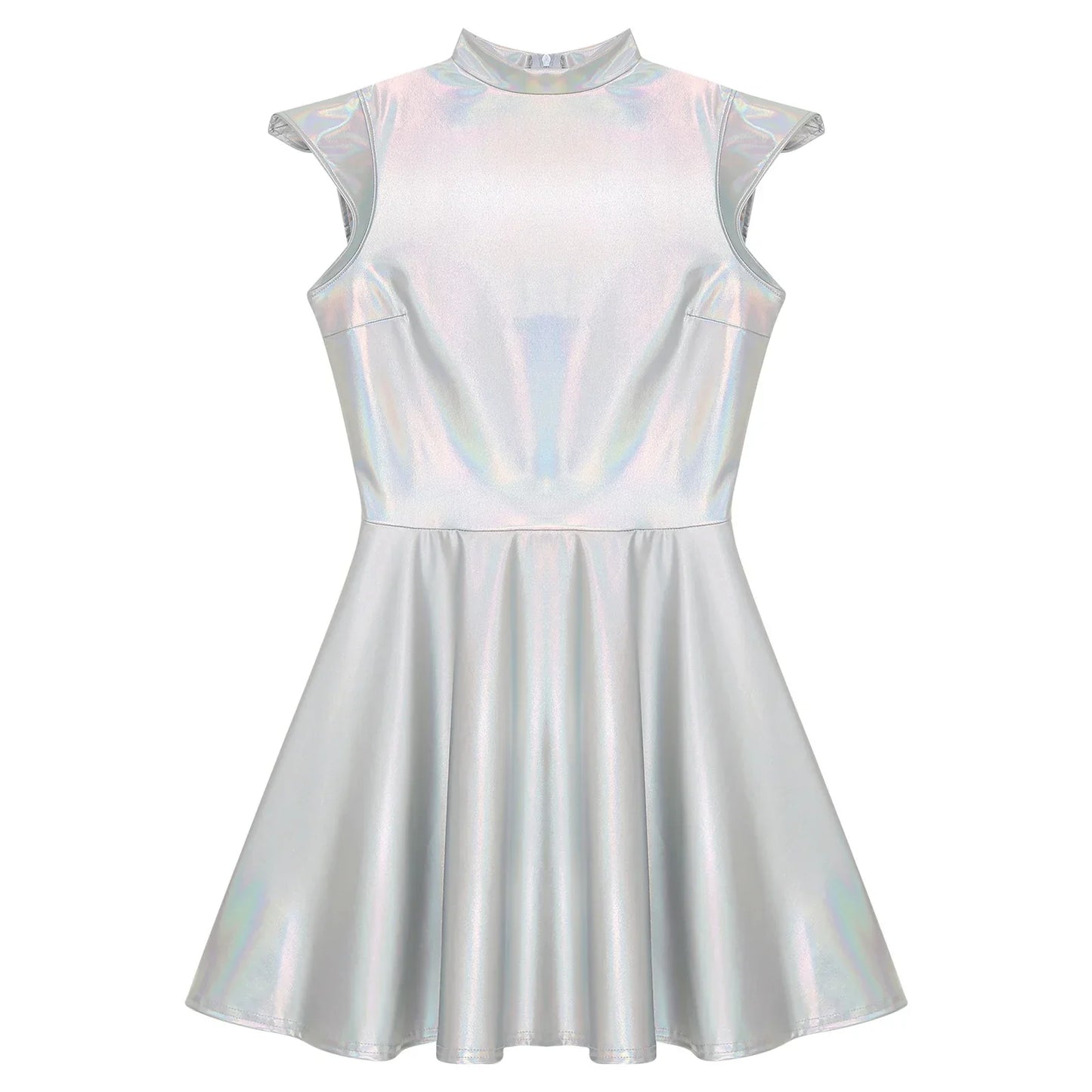 Womens Cocktail Dress Shiny Metallic Dress Alien Space Cap Sleeve High Waist A-line Dress for Halloween Party High Street Dress