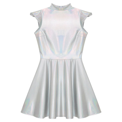Womens Cocktail Dress Shiny Metallic Dress Alien Space Cap Sleeve High Waist A-line Dress for Halloween Party High Street Dress