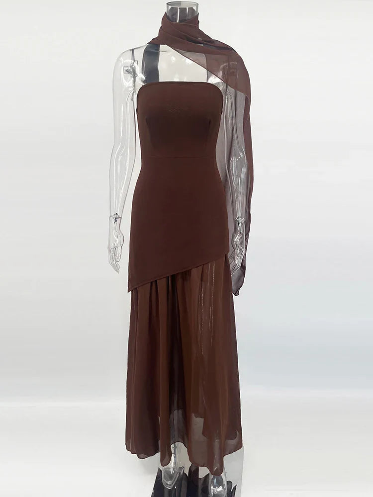 Fashion Strapless Dress With Ribbon Female Elegant Sleeveless Mesh Beach Vacation Long Dress 2025 Spring New Women Dress