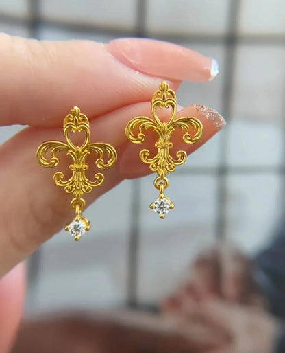 24K Real Gold Iris Earrings 9999 Ancient Fashionable and Versatile Women's Earrings Niche Design Earrings