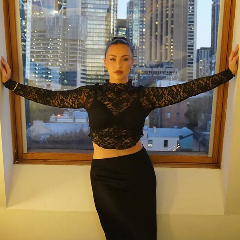 Sexy V-Neck Sheer T-Shirts Fashion Women Flare Long Sleeve Spring Lace Slim Pullovers Tops Casual Evening Party Club Chic Tees