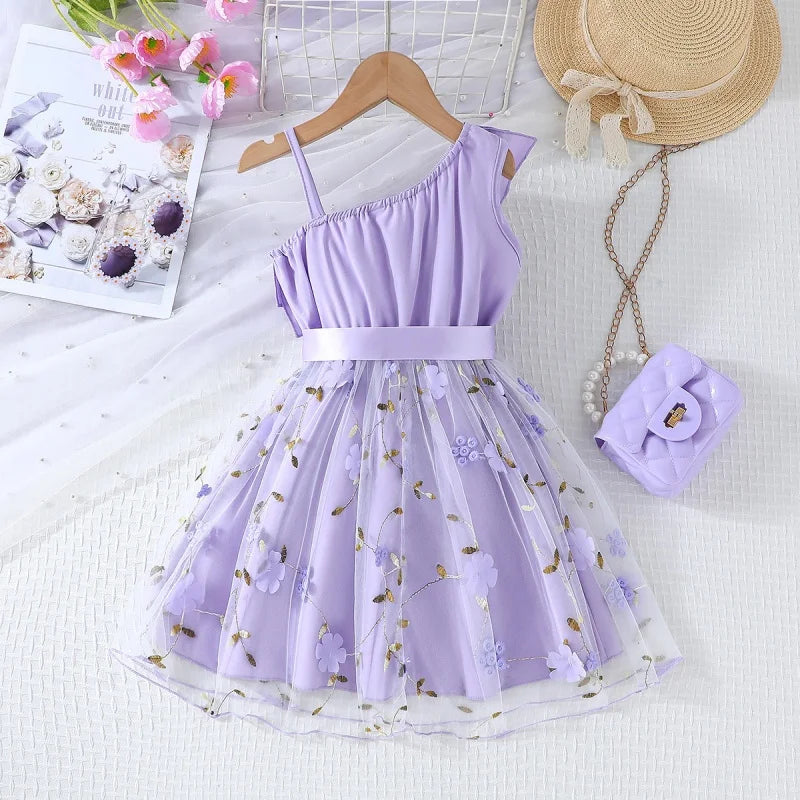 Girls Baby England Style Dresses Kids Lotus Leaf Sloping Shoulder Suspender A-line Skirt Summer Children Fashion Party Clothes