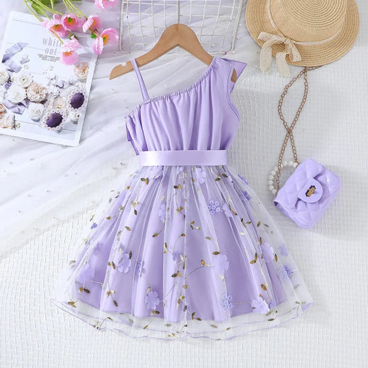 Girls Baby England Style Dresses Kids Lotus Leaf Sloping Shoulder Suspender A-line Skirt Summer Children Fashion Party Clothes