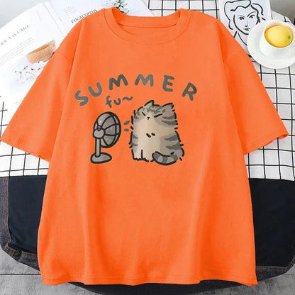 Korean Version Retro Minimalist Cat Printed Summer T-shirt Casual Loose Couple Thin Short Sleeves Women Men T Shirts