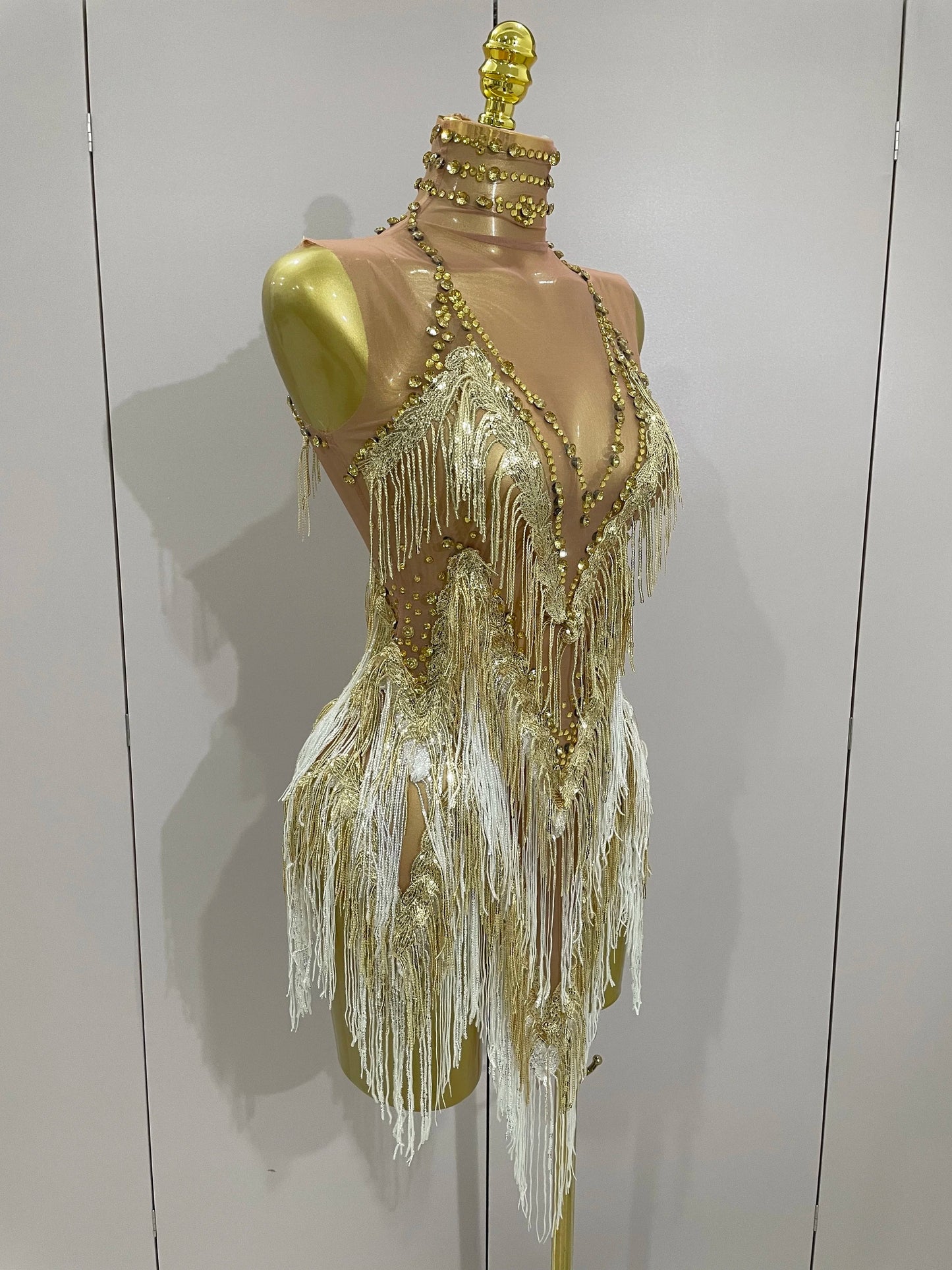 Women Sexy Stretch Mesh Sparkly Rhinestone Tassels Mini Dress Nightclub Singer Dance Stage Costume Evening Gowns