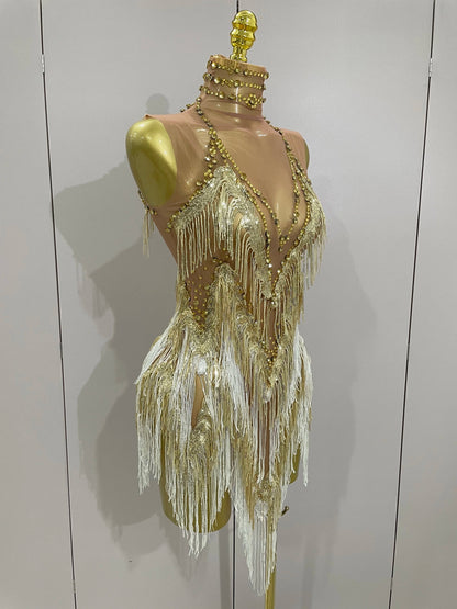 Women Sexy Stretch Mesh Sparkly Rhinestone Tassels Mini Dress Nightclub Singer Dance Stage Costume Evening Gowns