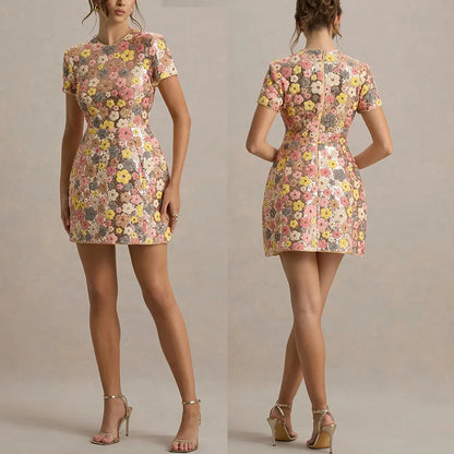 Spring Summer 2025 Women Elegant O Neck Short Sleeve Mini Dress Sequined Patchwork Casual Party Dress Sexy Ladies Slim Dresses