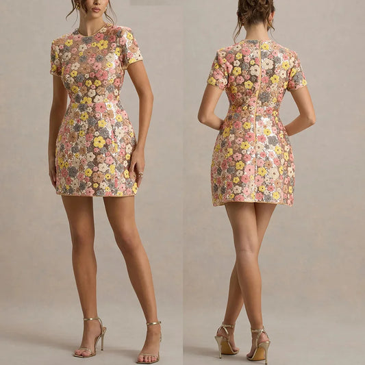 Spring Summer 2025 Women Elegant O Neck Short Sleeve Mini Dress Sequined Patchwork Casual Party Dress Sexy Ladies Slim Dresses