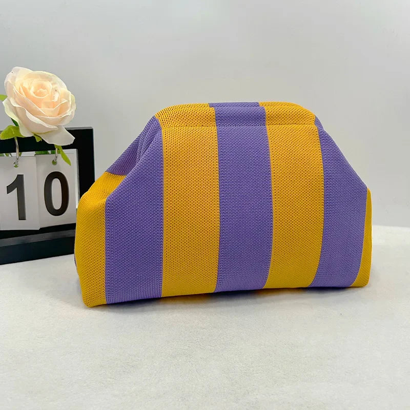 Knitted Striped Handbag Summer Beach Clutch Bags for Women Crochet Handbags Purses Knitting Dumpling Ruched Cosmetics Storage