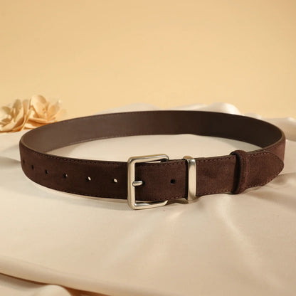 Luxury Suede Cowhide Leather Belt for Women, Vintage Style with Gold Buckle, 3.3cm Wide Waistband for Dresses & Jeans