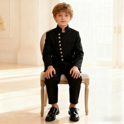 Black 2PCS Boys Formal Suit Set Brand Selection For Kids Aged 3-14 Yrs Elegant Stand Collar Design With Gold Buttons Perfect