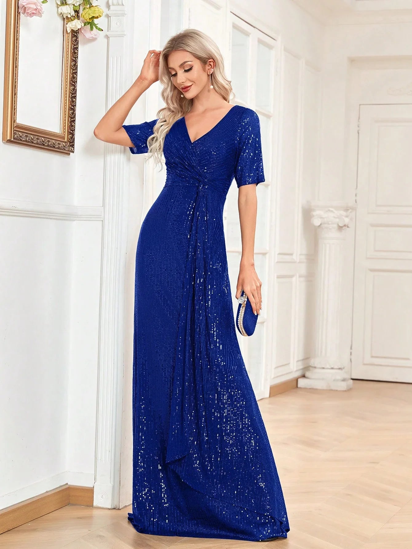 Luxury Floor Length V-Neck Evening Dress 2025 Women Elegant Party Maxi Sequin Short Sleeves Prom Cocktail Graduation Dress