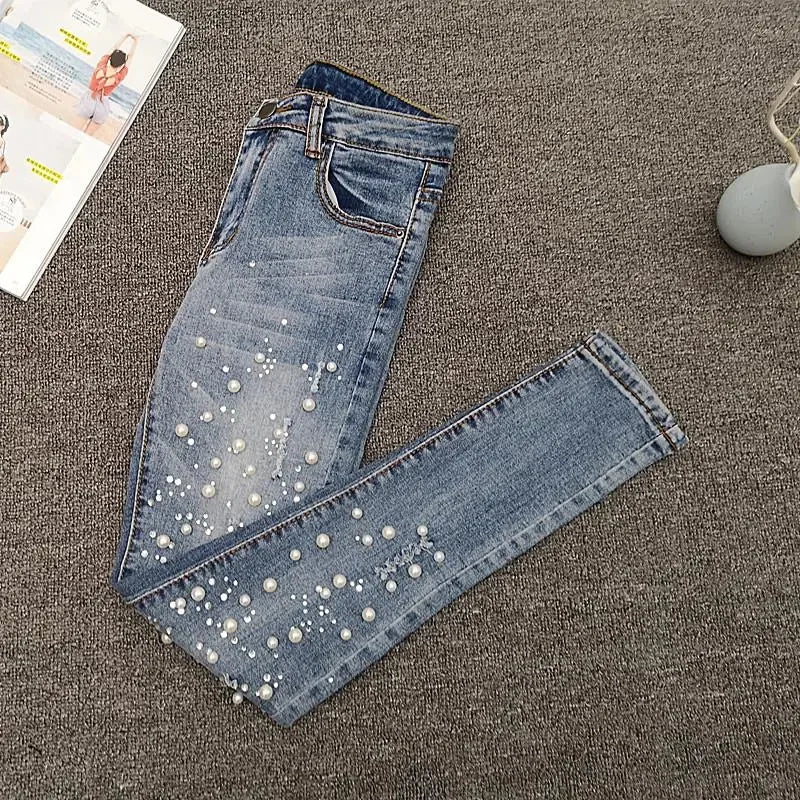 Nailed Bead Jeans Women Spring/Summer New Versatile Hole Breaking Elastic Skinny Pencil Pants Female Casual Denim Pants