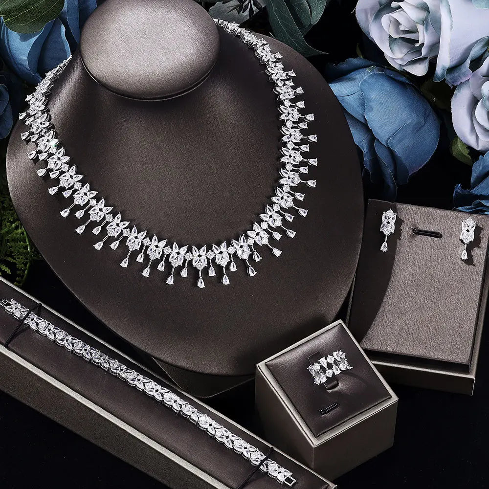 4 pieces of bride zirconia full set of women's party jewelry, luxury Dubai Nigeria CZ luxury crystal wedding necklace set