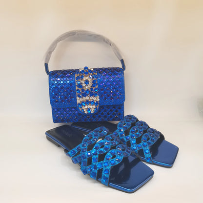 Pretty Soft Flat Shoes With Bag Set For Woman Fashion Style Rhinestone Party Slippers And Women Purse Latest Design