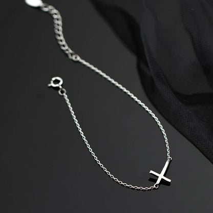 Real 925 Sterling Silver Smooth Cross Bracelet For Women Shiny Link Chain Bracelet Fine Jewelry Valentine's Day Gift