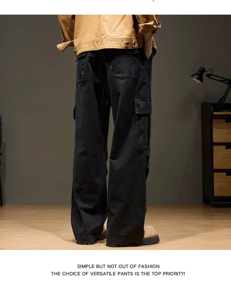Men's Baggy Cargo Pants with Pockets 100% Cotton Drawstring Elastic Waist Wide Leg Outdoor Casual Pants Plus Size 8XL