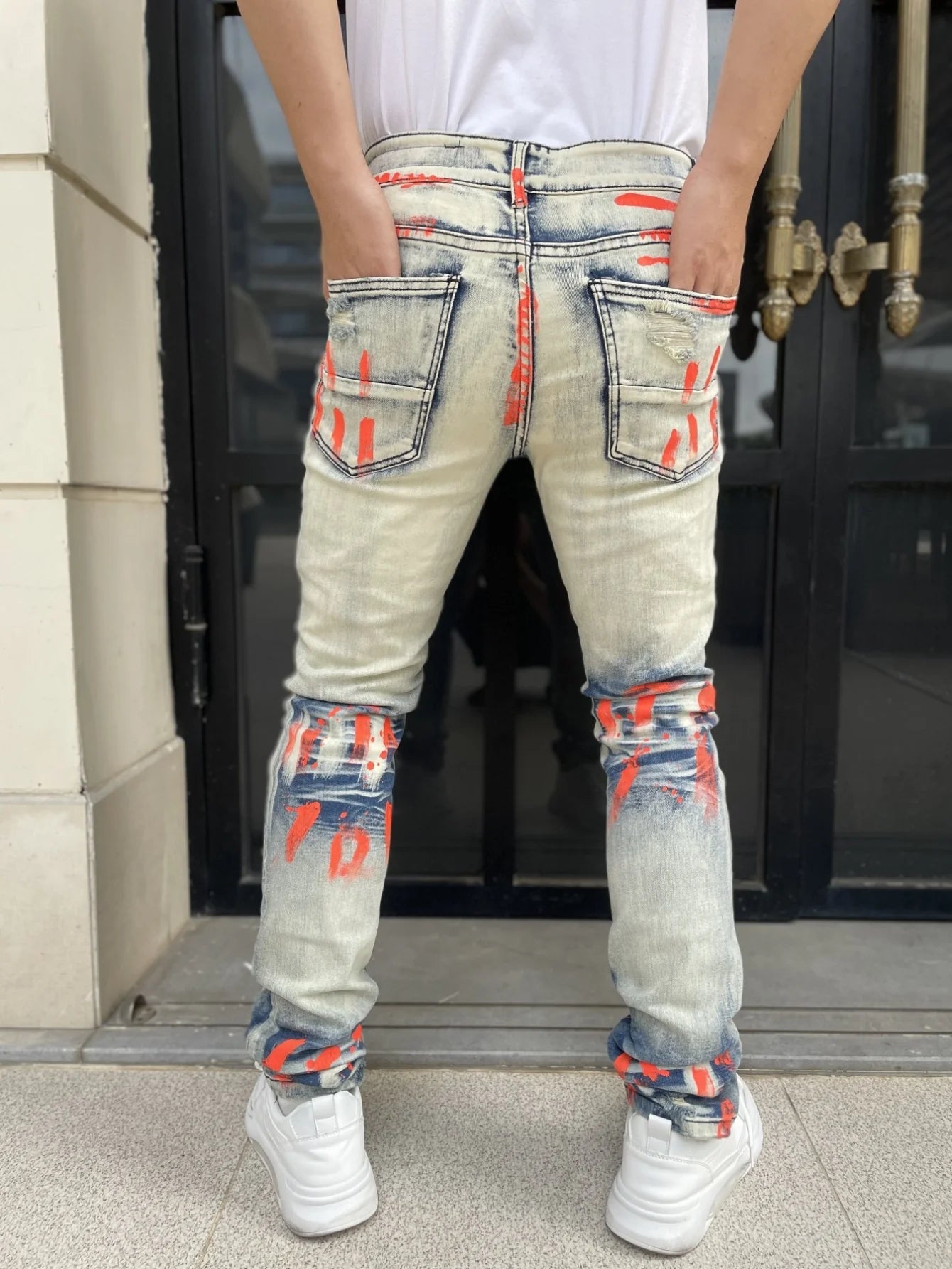 Men's Y2K-Style Denim Pants With Hand Drawn Colorful Tear Stop Pattern Design  Best Selling Product  Free Shipping Included