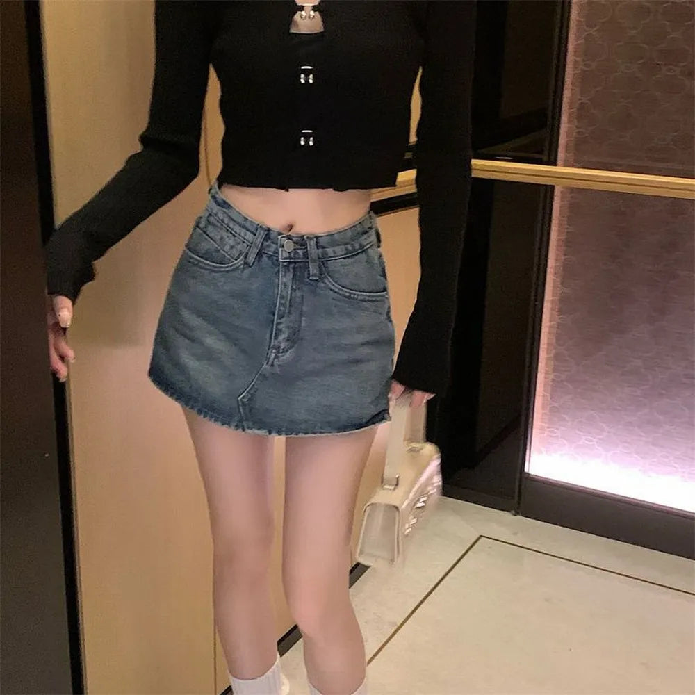 Summer High-Waisted Vintage Women Denim Short Skirt Small New Slim Sexy Korea Fashion Girl Cute Street A-line Mini Jeans Pants