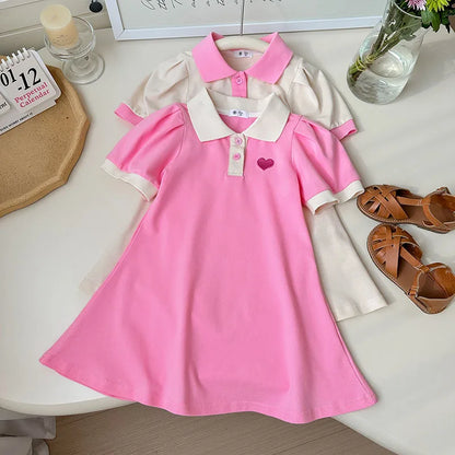 2026 Summer Stylish Girls' Polo Shirt Dresses 1-7Y Trendy Embroidered Heart Lapel Dress for Kid's Children's Clothing Outfit
