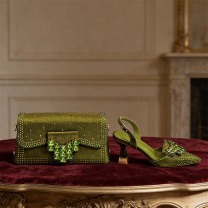 2026 Women's Elegant Green Rhinestone Slingback Heels & Matching Handbag Set - Stylish Pointed Toe Design