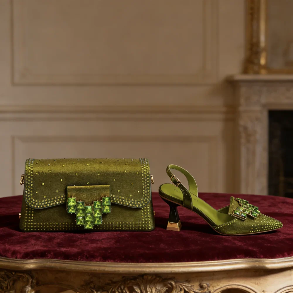 Italian Design Olive Green rhinestone Pointed-Toe Women's High Heels & Matching Bag Set - Ideal for Parties & Weddings