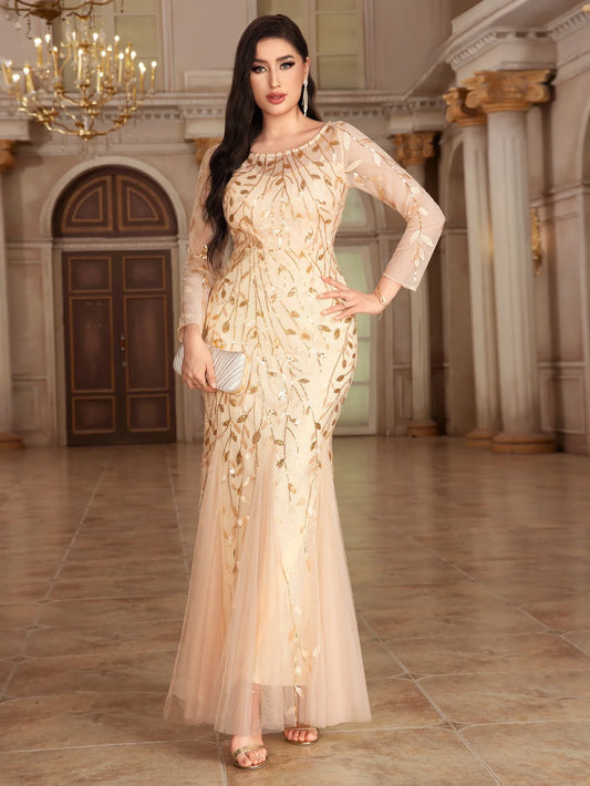 2024 Plus Size Evening Dresses Mermaid O Neck Full Sleeve Lace Appliques  vestidos elegantes  party dress  long
