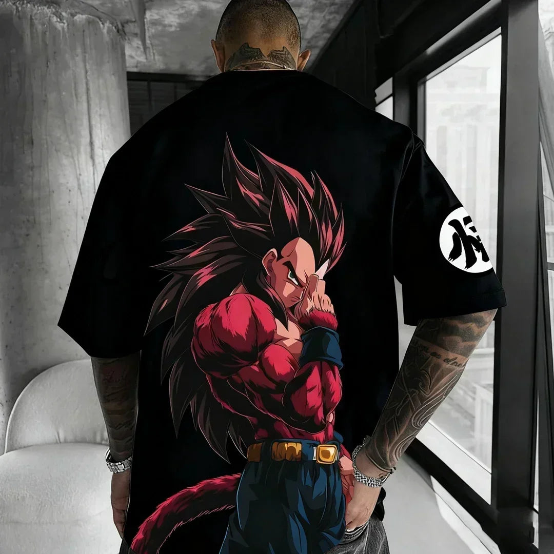 Oversized T-shirt High Quality 100% Cotton Kid Goku with Power Pole Line Art Print UnisexCasual Y2K