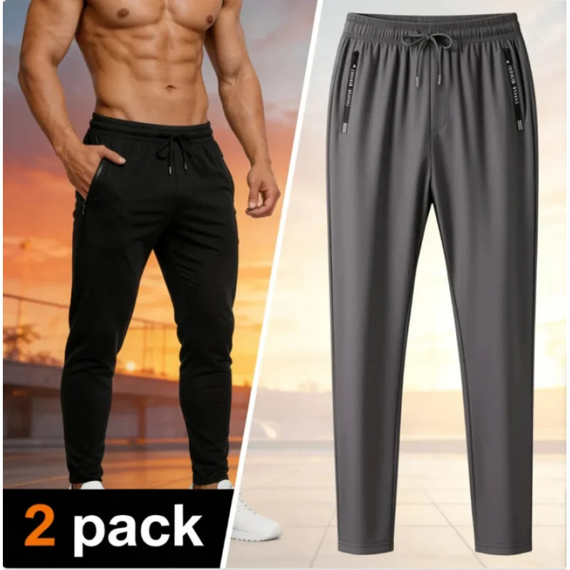 2-Pack Men's Quick Dry Ice Silk Sports Pants, Elastic Waist, Plus Size, Lightweight for Summer Fitness, Hiking & Running