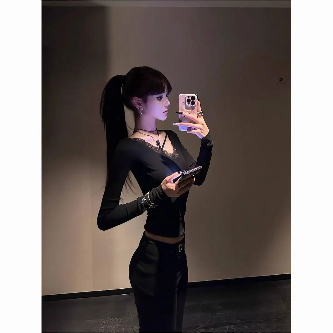 Black Sexy Back Hollow Out Women's T-shirt Goth Long Sleeve Slim 2000s Clothes Y2k Tees Female Clothing Autumn Tops Chic