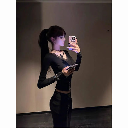 Black Sexy Back Hollow Out Women's T-shirt Goth Long Sleeve Slim 2000s Clothes Y2k Tees Female Clothing Autumn Tops Chic