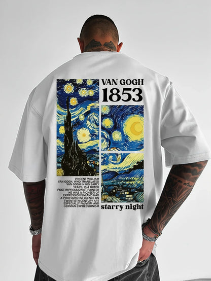 Men's summer 100% pure cotton fashionable casual loose tribute Van Gogh famous painting printed round neck short sleeved T-shirt