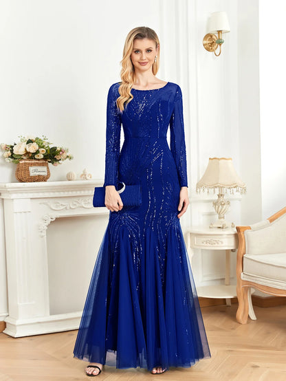Elegant Long Sleeves Sequin Tulle Evening Dresses 2025 Women Luxury Mermaid Formal Bridesmaid Party Maxi Prom Dress