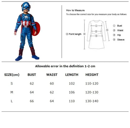 Halloween Purim Boys Captain Rogers Costume Blue Superhero Muscle America Jumpsuit Fantasia Fancy Dress Outfit