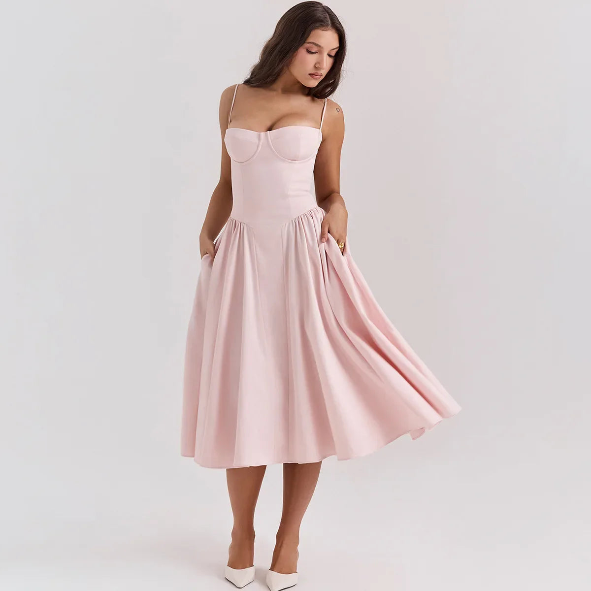 Women Elegant Sleeveless Backless Pleated Dresses Lady Sexy Solid Sling Midi Dress 2024 Female Party Evening A-line Robes