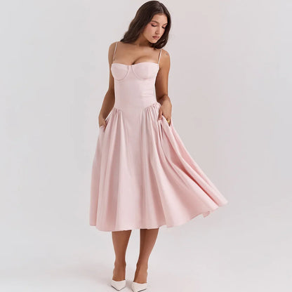 Women Elegant Sleeveless Backless Pleated Dresses Lady Sexy Solid Sling Midi Dress 2024 Female Party Evening A-line Robes