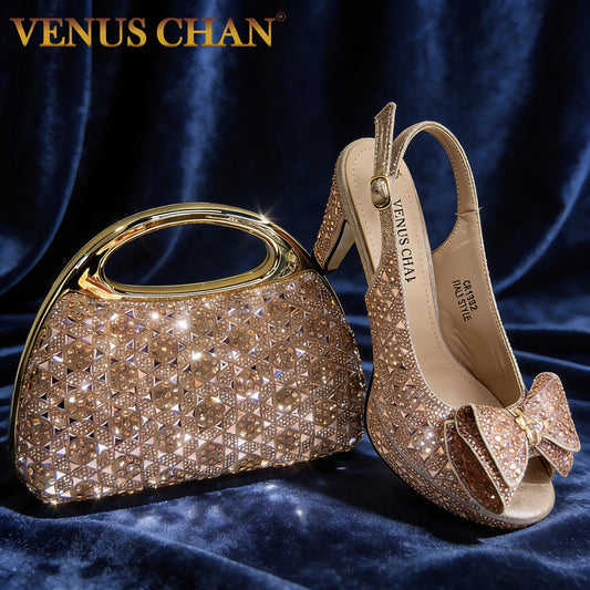 Elegant Italian Women's Party Shoe and Bag Set – Chic Champagne Rhinestone Peep-Toe High Heel Sandals Perfect for Weddings