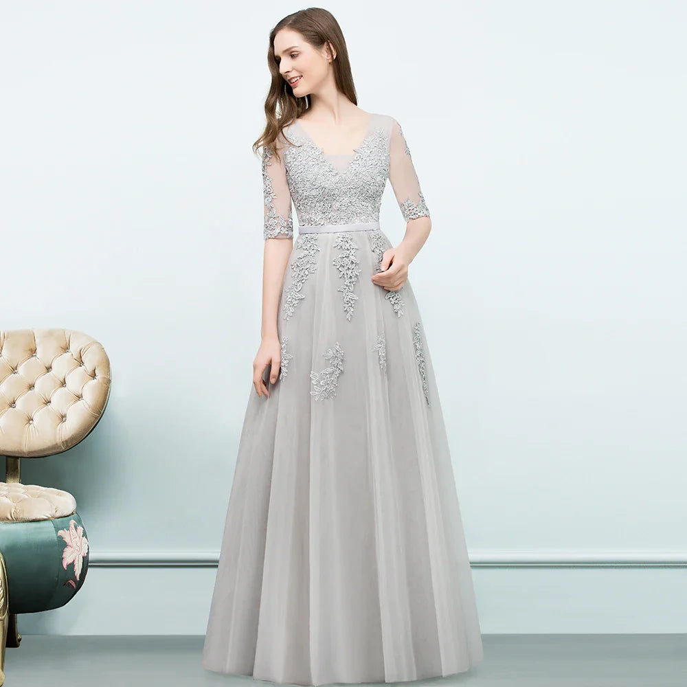 Elegant Half Sleeve Evening Dresses Lace Appliques A-Line Long Tulle Strap V-Neck Sheer Backless Prom Dress Empire Party Gowns