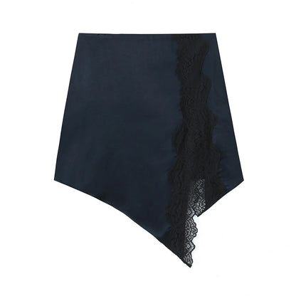 Women Satin Mini Skirt with Lace Spring Summer Mid Waist Women's Asymmetric Hem Skirt Side zip Women's Chic Skirts