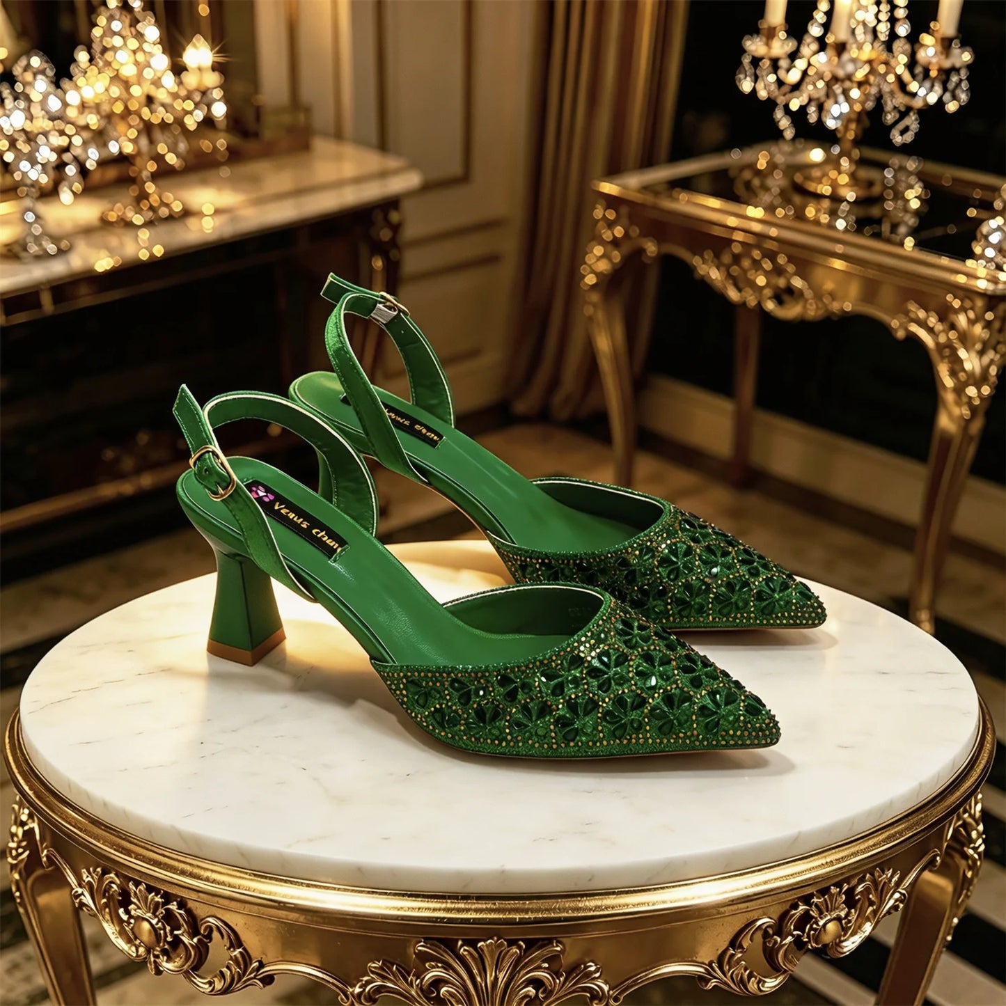 Italian Design Elegant Green Rhinestone Pointed Toe High Heels & Handbag Set - Ideal for Weddings and Special Occasions