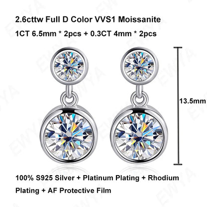 Bezel Full 2.6cttw D Color Moissanite Drop Earrings for Women S925 Silver Plated 18K Rose Gold Bubble Diamond Stud Earring