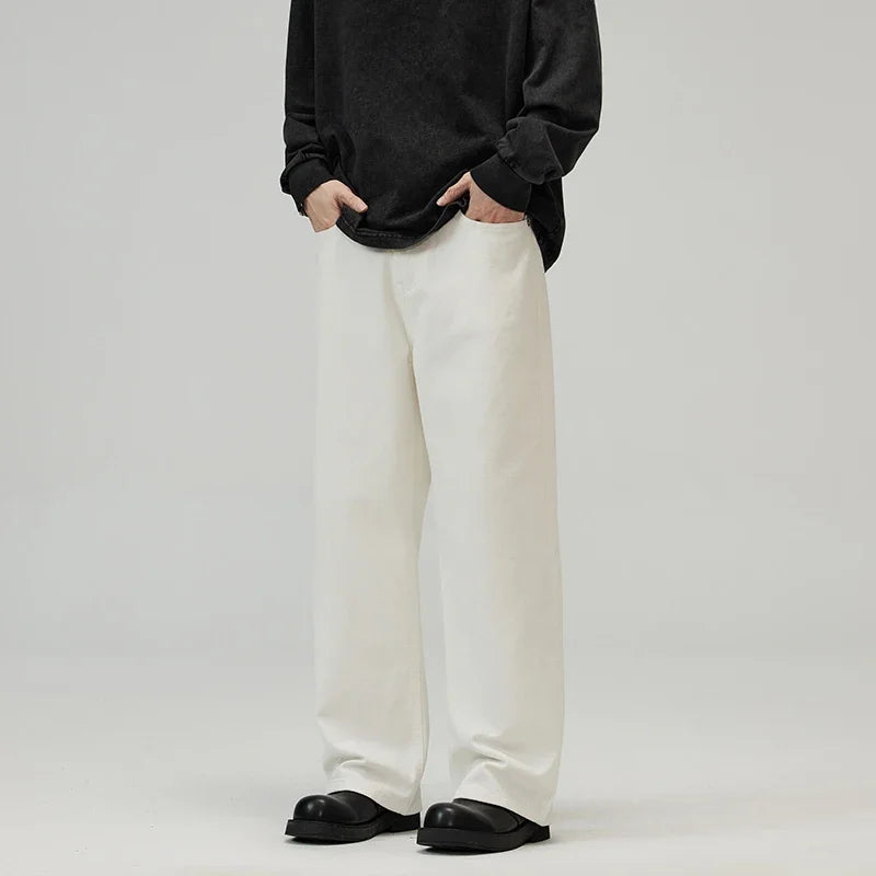 100％ Cotton Men's Baggy Straight Jeans Comfortable Soft Casual Pants Fashion Korean White Brown Denim Trousers Male Clothing