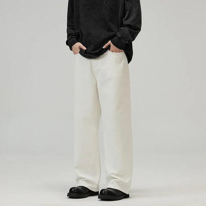 100％ Cotton Men's Baggy Straight Jeans Comfortable Soft Casual Pants Fashion Korean White Brown Denim Trousers Male Clothing