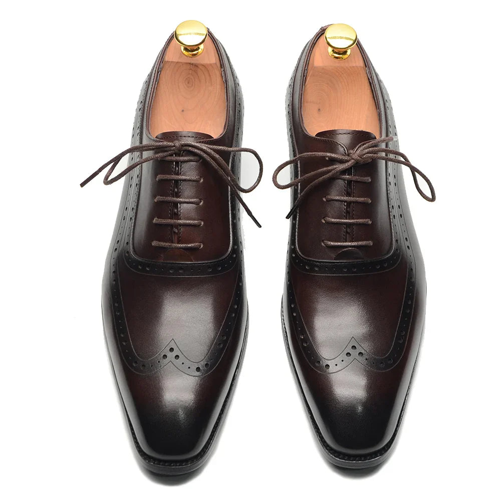 Luxury Mens Wingtip Oxford Dress Shoes Genuine Leather Brogue Dark Brown Lace-up Pointy Toe Business Office Wedding Formal Shoes