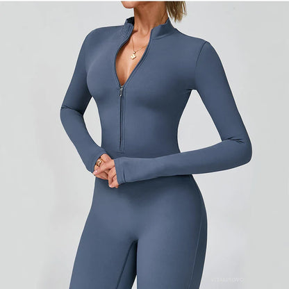 VITALINOVO Women Long Sleeve Flare Workout Jumpsuit Zip Up Romper Bottom Pants Wide Leg Full Length Bodysuit Bodycon One Piece