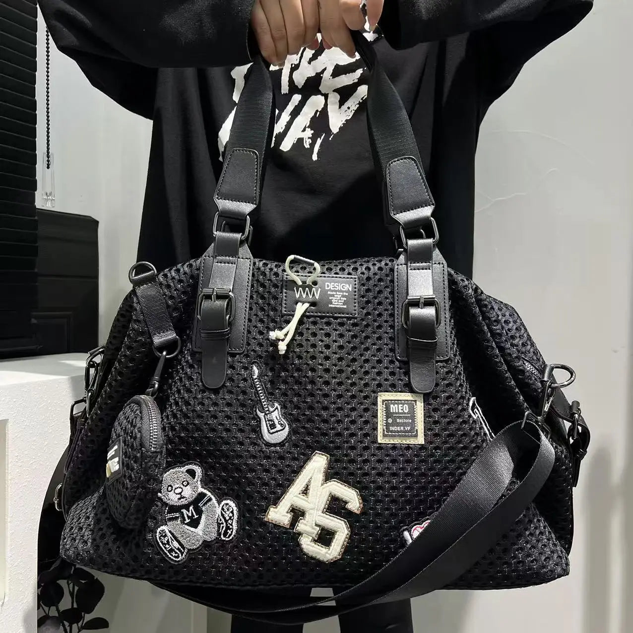 Fashionable women's mesh nylon adhesive tote bag, large capacity splicing shoulder bag, short distance travel casual handbag