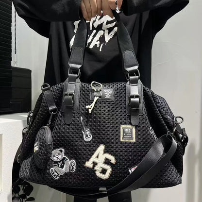 Fashionable women's mesh nylon adhesive tote bag, large capacity splicing shoulder bag, short distance travel casual handbag